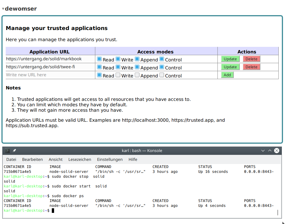 Docker mit Solidserver oberer Teil Webinterface ,unterer Teil Konsole mit Docker Start